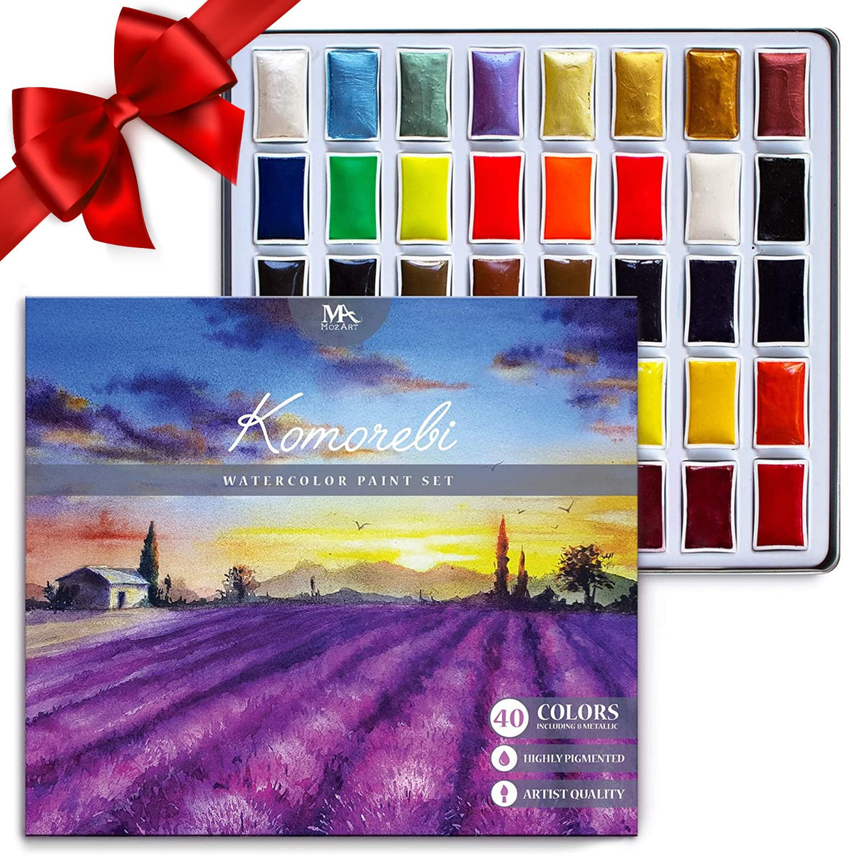 MozArt Supplies premium Japanese watercolor set cover artwork showing vibrant colors.