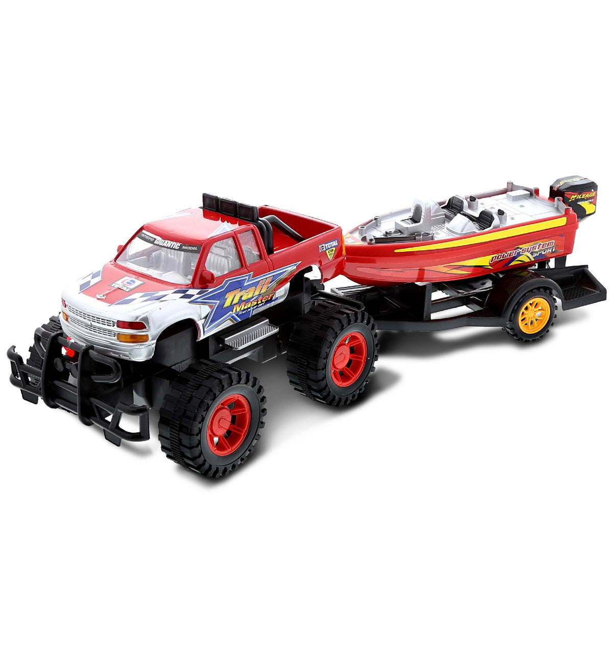 Mozlly monster truck toy with trailer and boat for imaginative play.