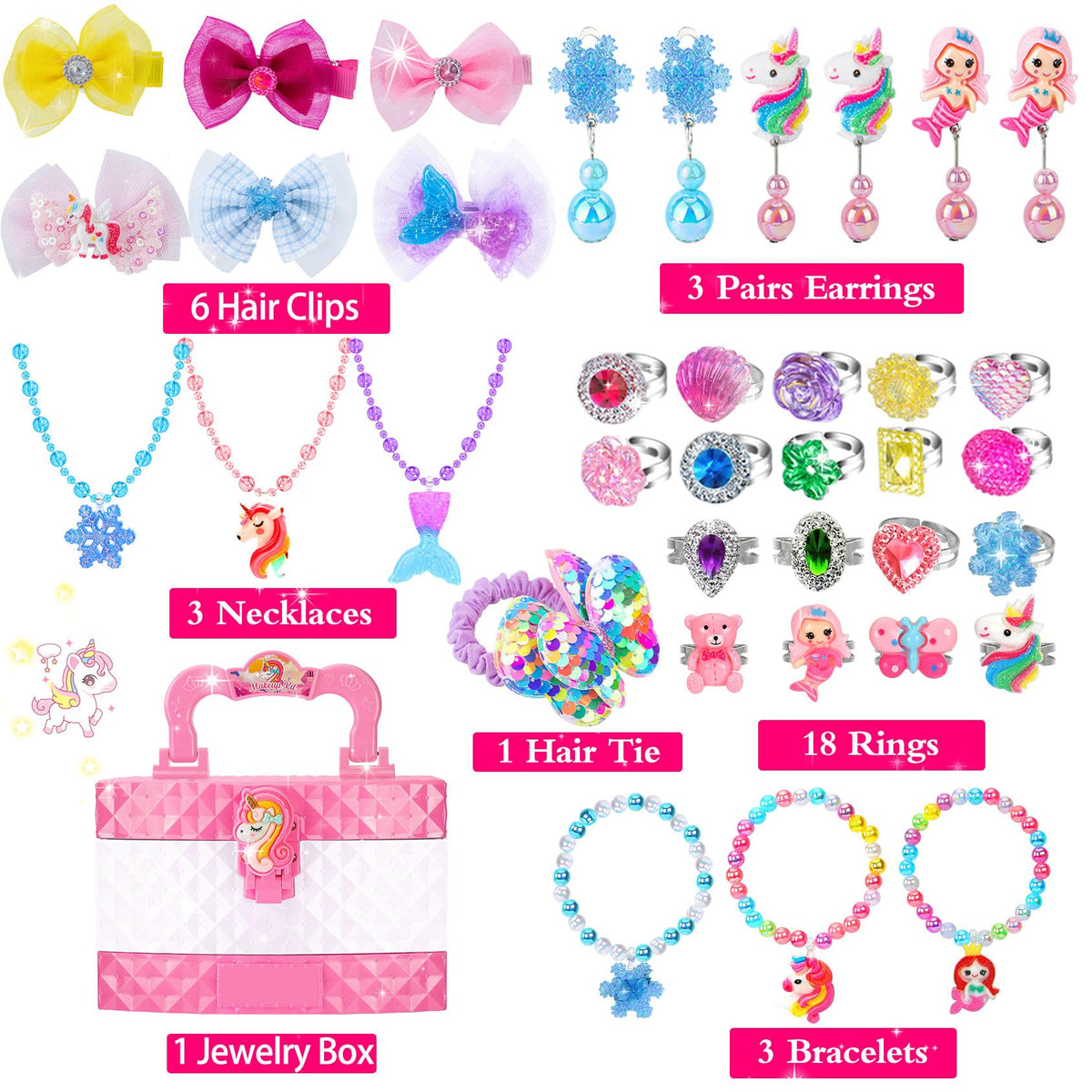 MOZXEBOK bracelets and necklaces ready for colorful pretend fashion moments.