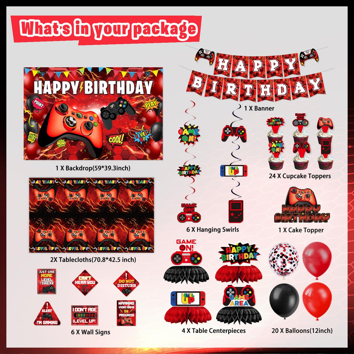 Mpanwen gaming banner red and black serves as a bold party focal point.