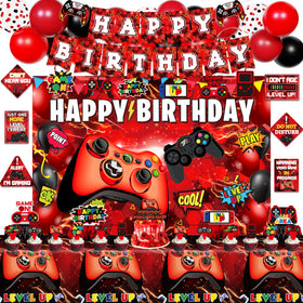 Mpanwen video game backdrop in red and black for an immersive party setting.