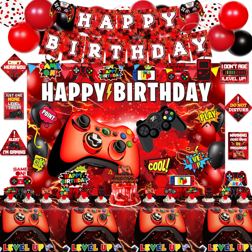 Mpanwen video game backdrop in red and black for an immersive party setting.