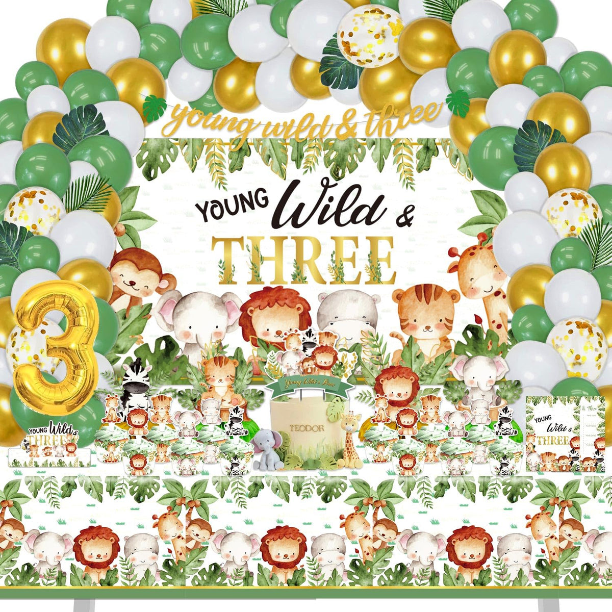 Mpanwen Young Wild and Three backdrop creates a photo-ready jungle party scene.