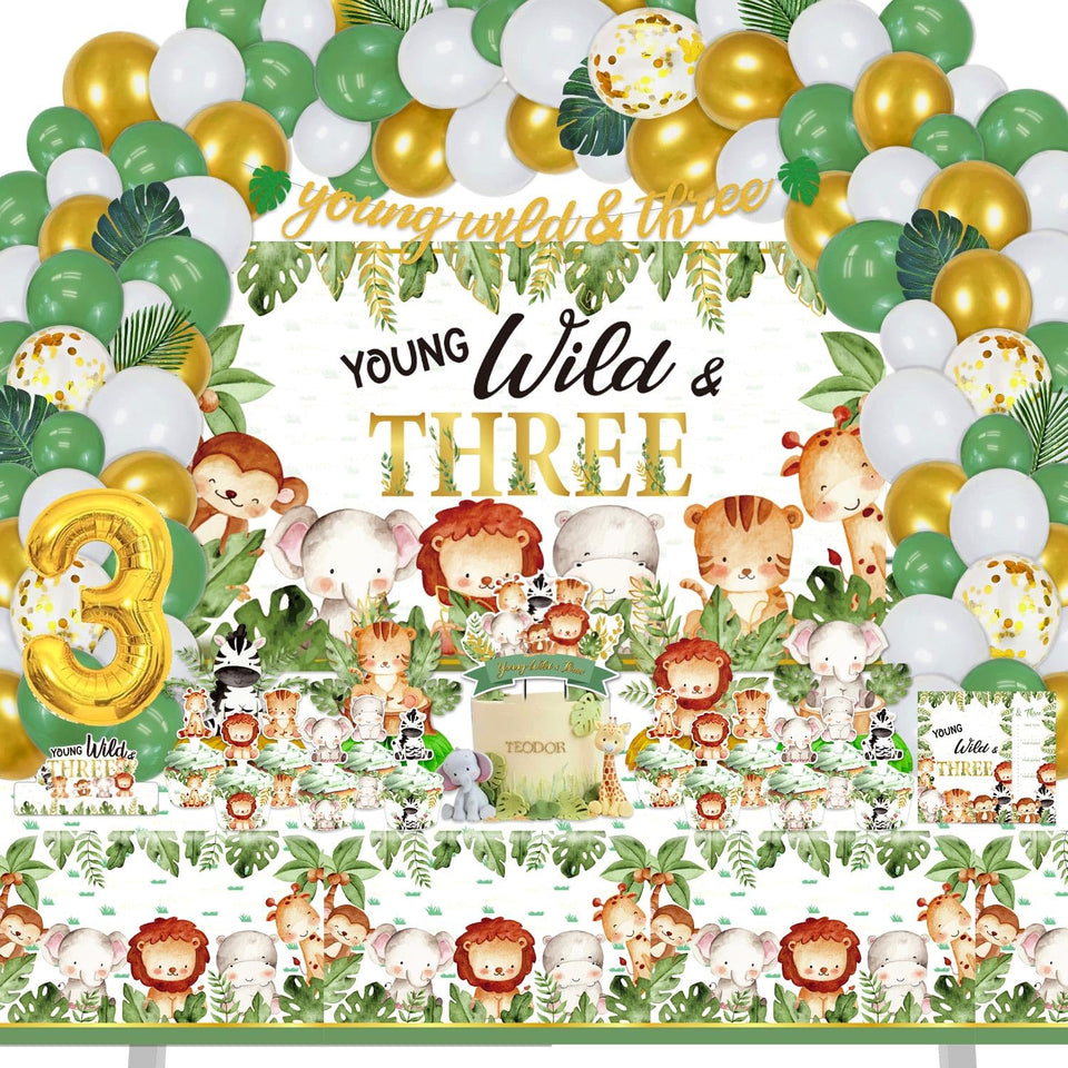 Mpanwen Young Wild and Three backdrop creates a photo-ready jungle party scene.