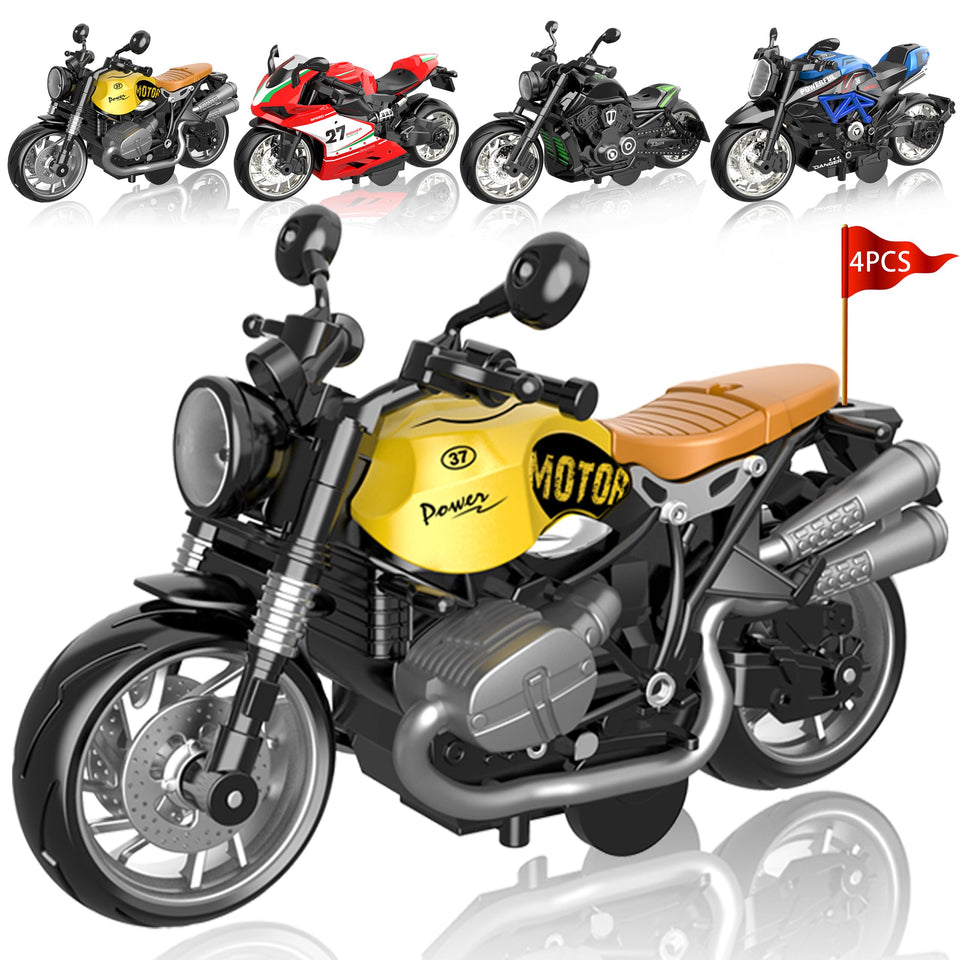 MQDMINI four-pack pull-back motorcycle toys with lights and sounds for interactive play