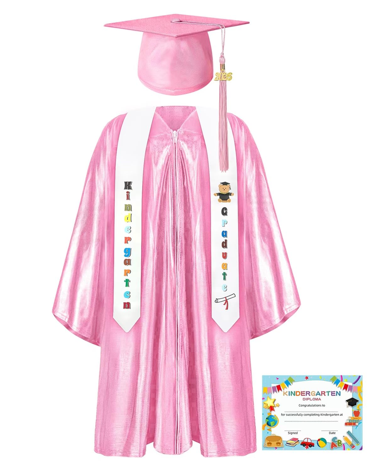 MQJJSM Shiny Kindergarten Gown pink front view for bright graduation photos.