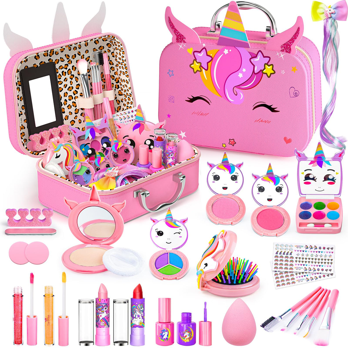 Mqsiuve Kids Makeup Kit packaging shows a portable unicorn case for on-the-go play.