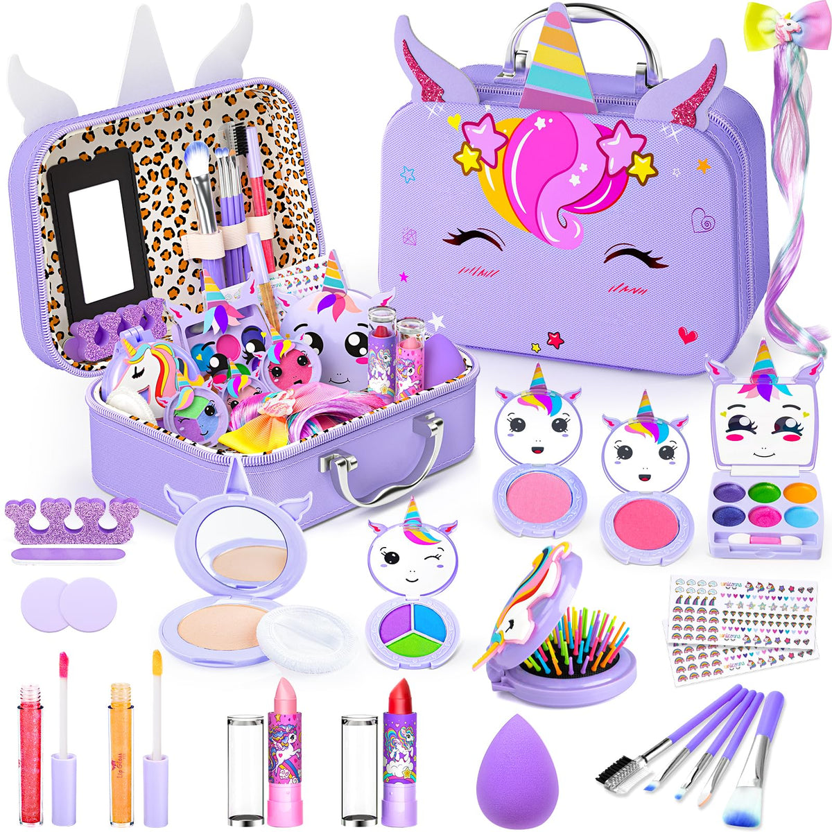 Mqsiuve kid makeup kit with unicorn case and mirror for organized pretend play.