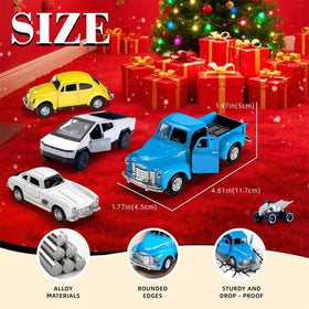 Mquduo four-pack of alloy cars supports durable imaginative play.