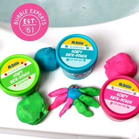 Mr. Bubble Soapy Bath Dough bath-time scene shows kids giggling and washing.