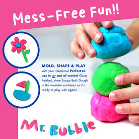 Mr. Bubble Soapy Bath Dough color variety pack showcases three playful hues.