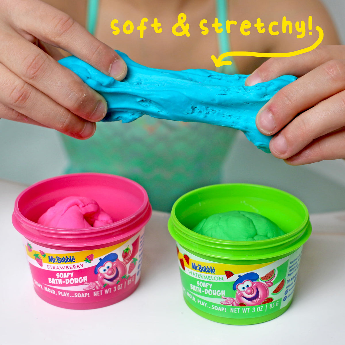 Mr. Bubble Soapy Bath Dough multi-color set inspires imaginative bath routines.