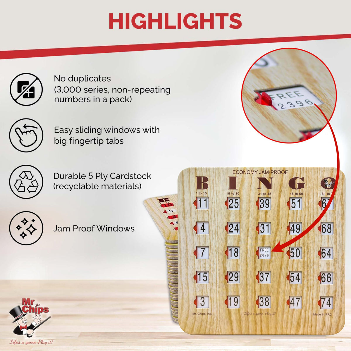 MR CHIPS tan bingo card set blends with any table