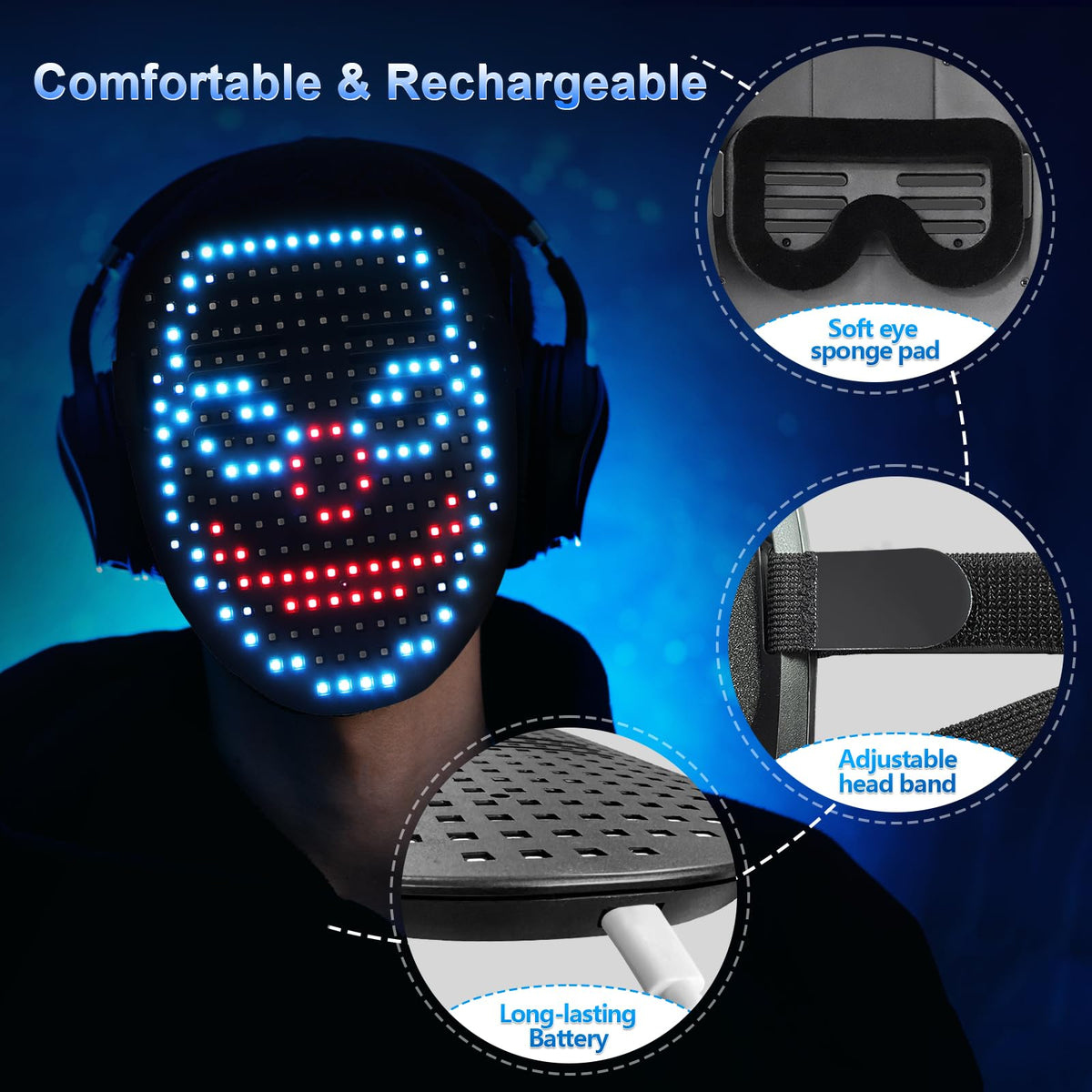 Mr.Pang LED mask provides lightweight comfort with adjustable elastic bands.