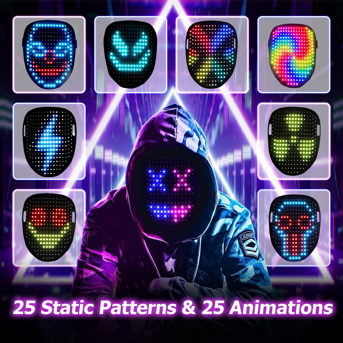 Mr.Pang LED mask displays 50 patterns for dynamic visuals.