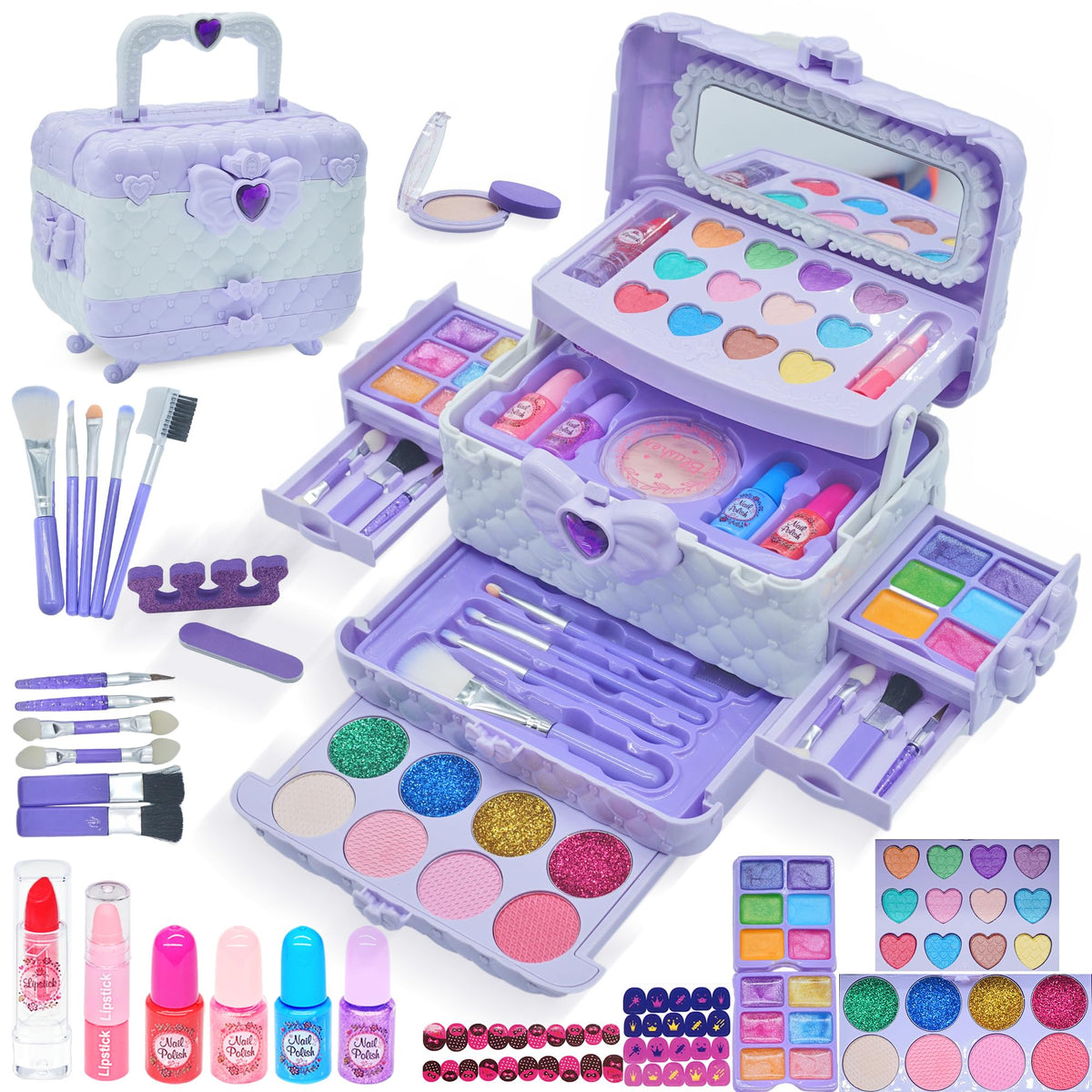 Mrabbitoo Kids Makeup Set case open showing organized compartments for playful styling