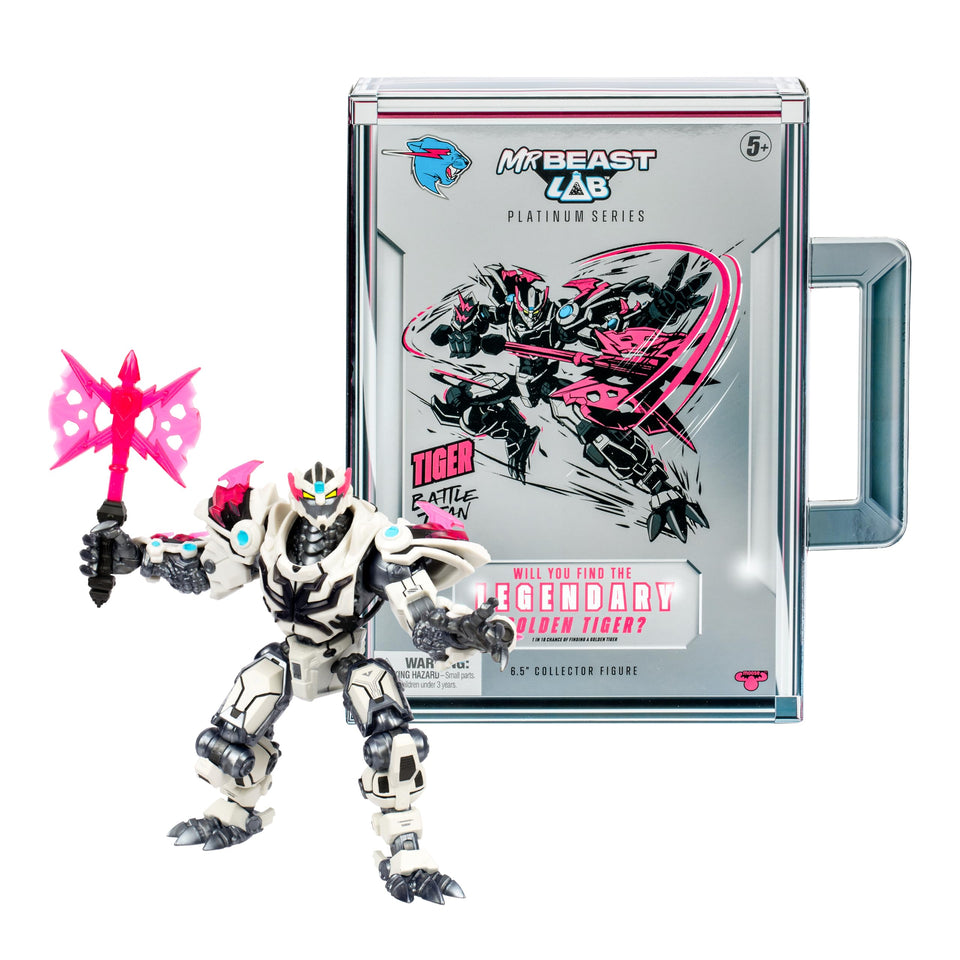 MRBEAST LAB Platinum Tiger Battle Titan figure in premium display packaging