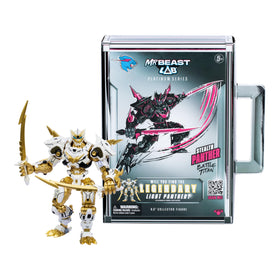 MRBEAST LAB Platinum Stealth Panther Battle Titan figure with dramatic shelf display.