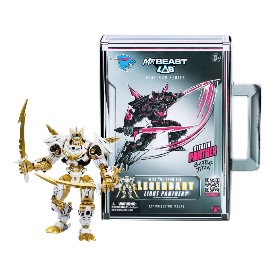 MRBEAST LAB Platinum Stealth Panther Battle Titan figure with dramatic shelf display.