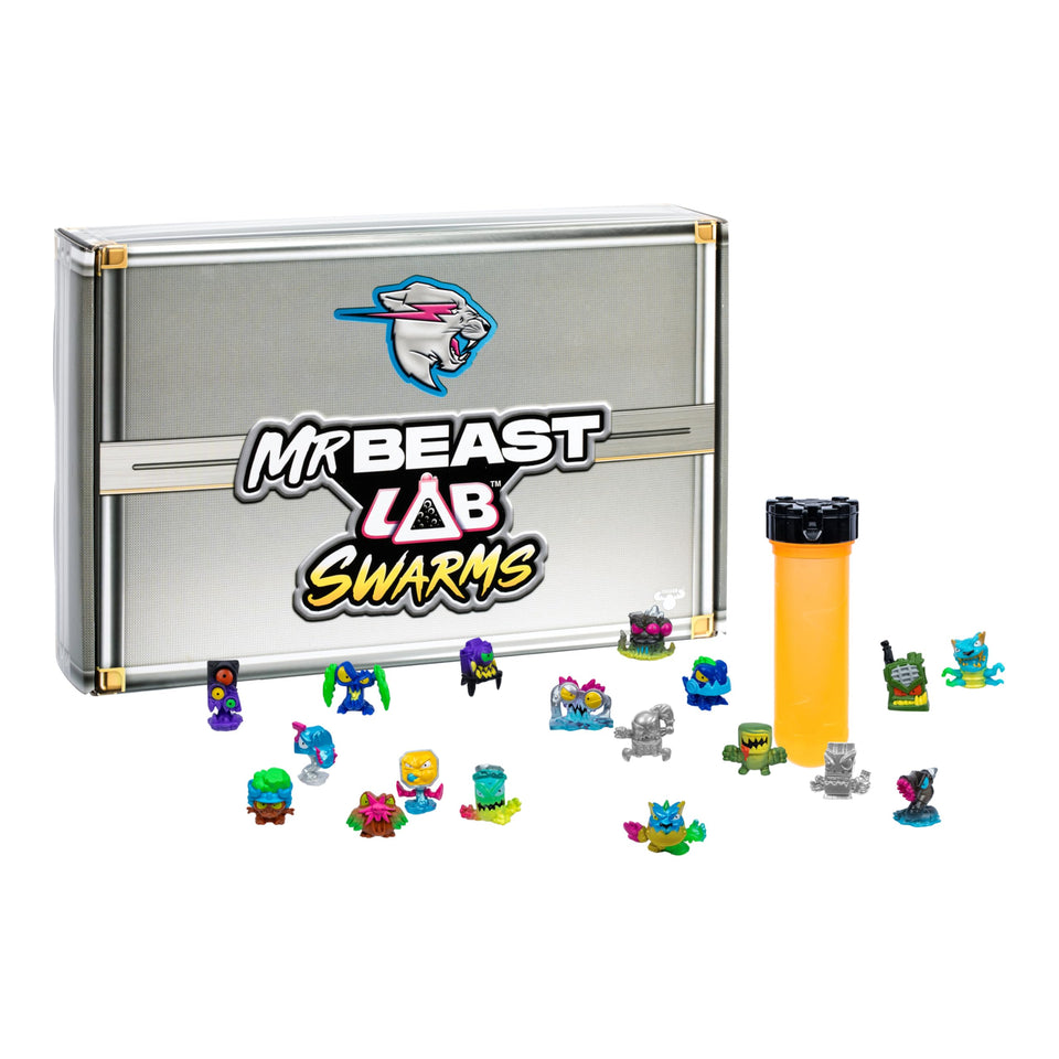 MRBEAST LAB Swarms Atomic Series case open showing 18 micro beasts for display