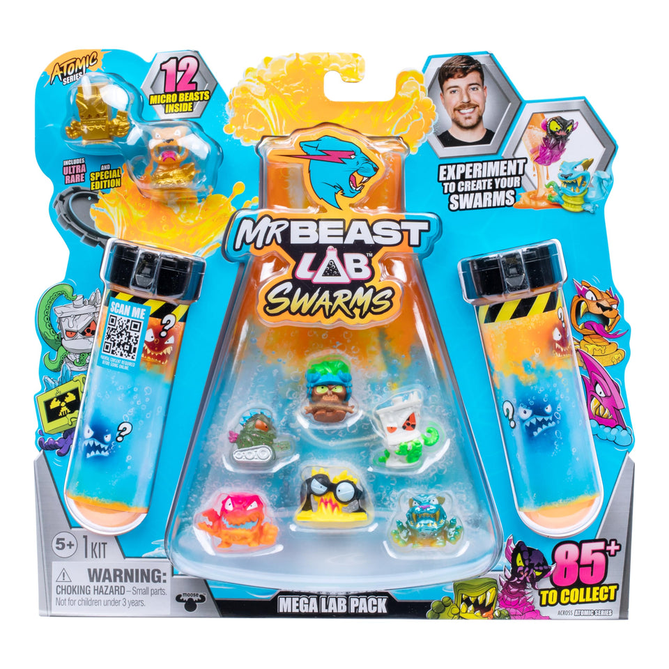 MRBEAST LAB Swarms Atomic Series test-tube explosion reveals four micro beasts for collection.