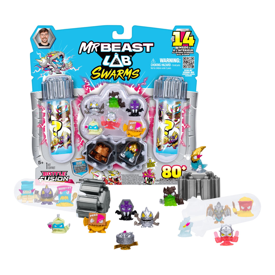 MRBEAST LAB Swarms Battle Fusion Mega Pack front view highlights 14 micro beasts for display.