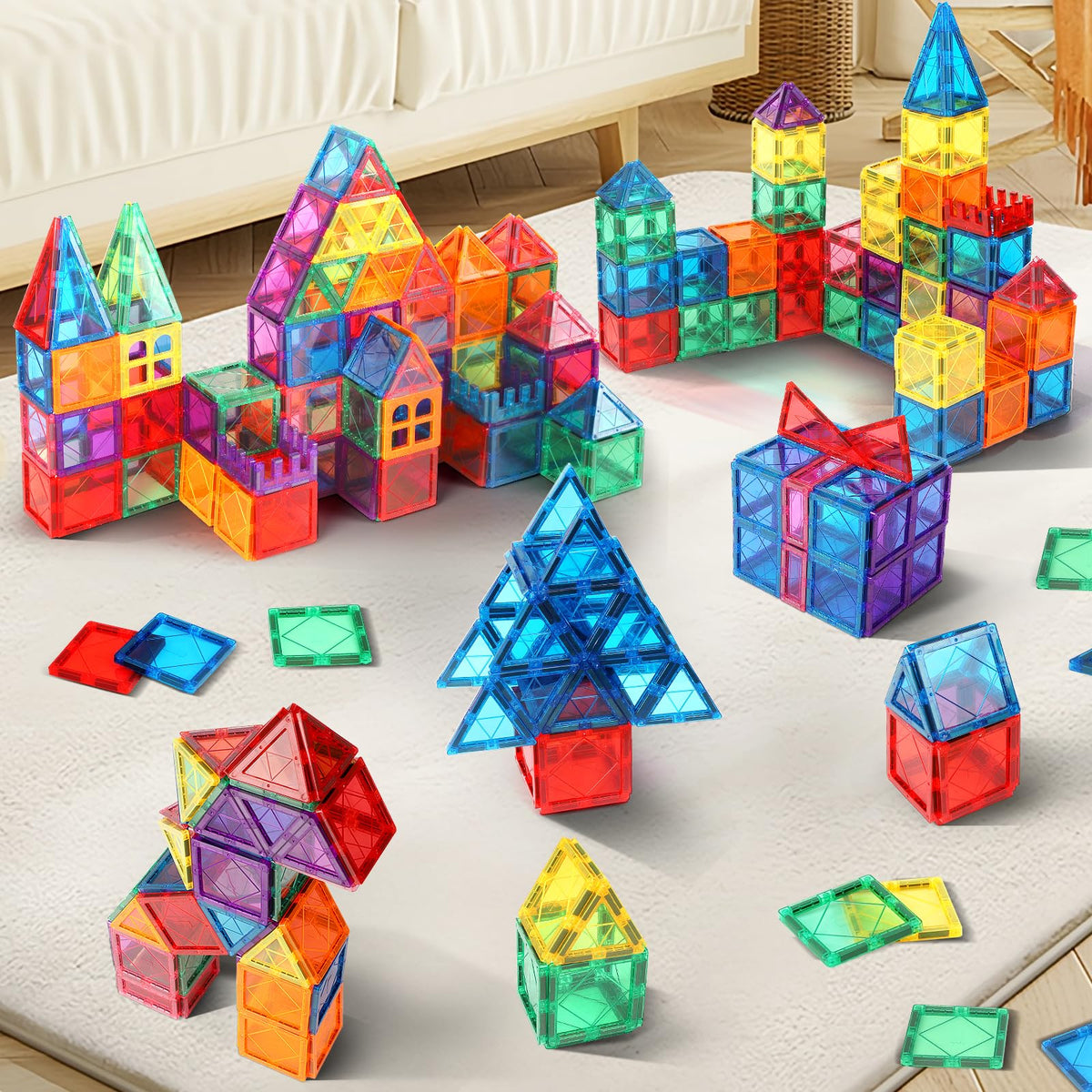 Mruikeny Magnetic Tiles build animal models, fostering shape recognition and imaginative play during quiet afternoons.