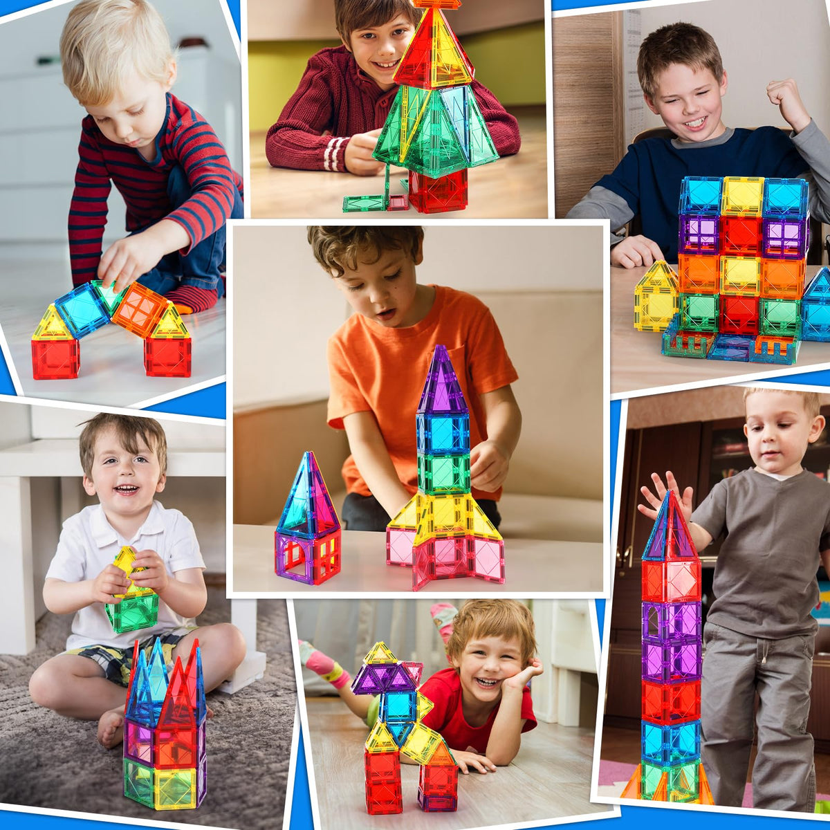 Mruikeny Magnetic Tiles create a car, promoting color matching and basic spatial planning.