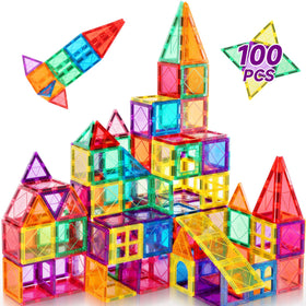 Mruikeny Magnetic Tiles form a colorful castle, supporting spatial thinking and creative storytelling.