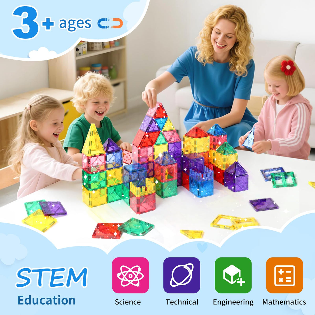 Mruikeny magnetic tiles set supports collaborative play and problem solving.