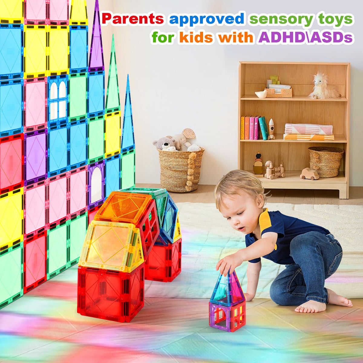 Mruikeny Magnetic Tiles assemble a rocket, encouraging engineering curiosity and early problem-solving moments.