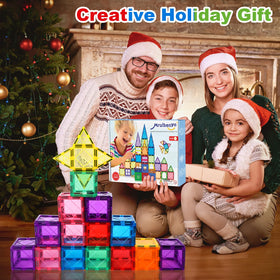 Mruikeny Magnetic Tiles form a train, supporting teamwork and collaborative building.