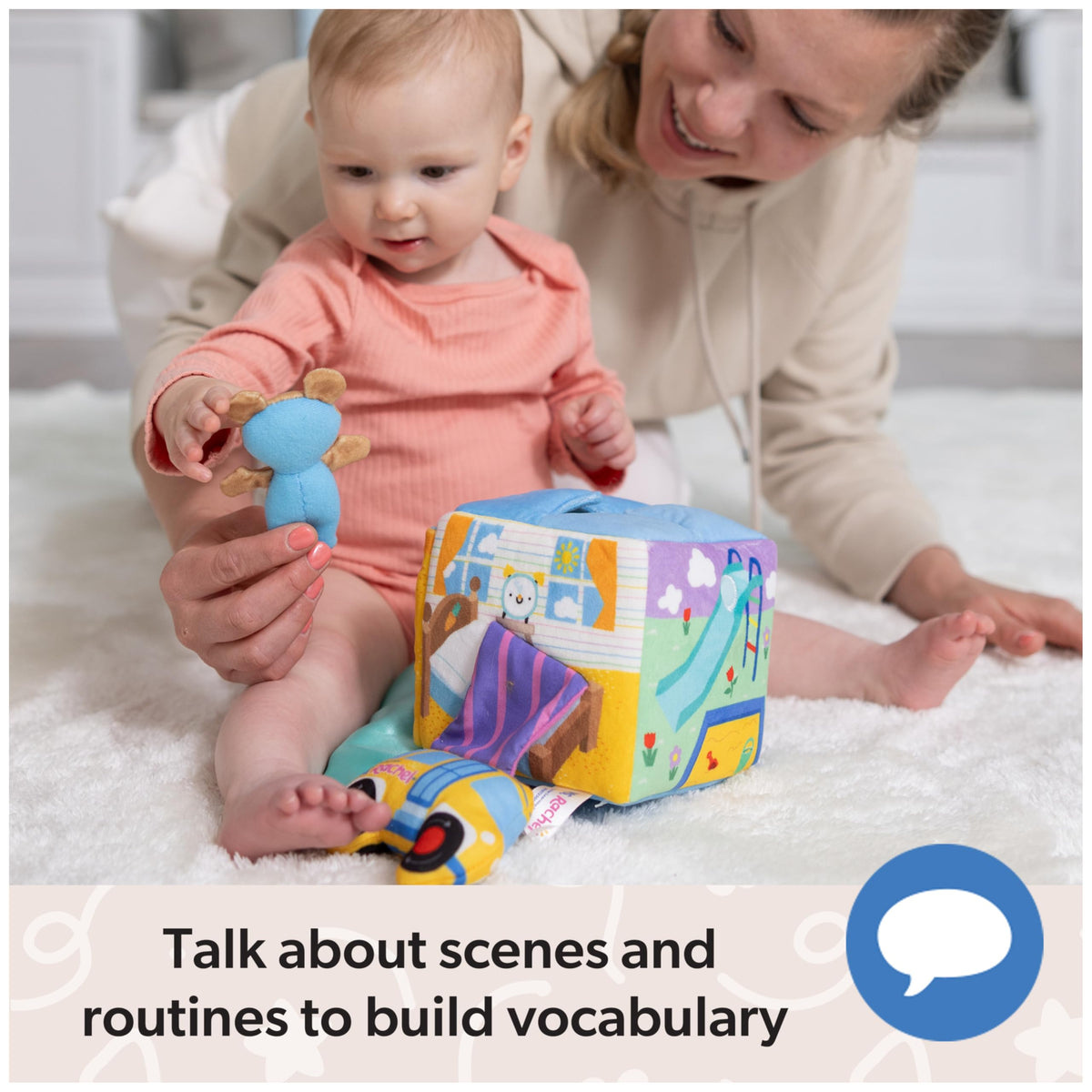 Ms. Rachel Surprise Learning Box plush gum offers playful tactile feedback and sorting tasks.