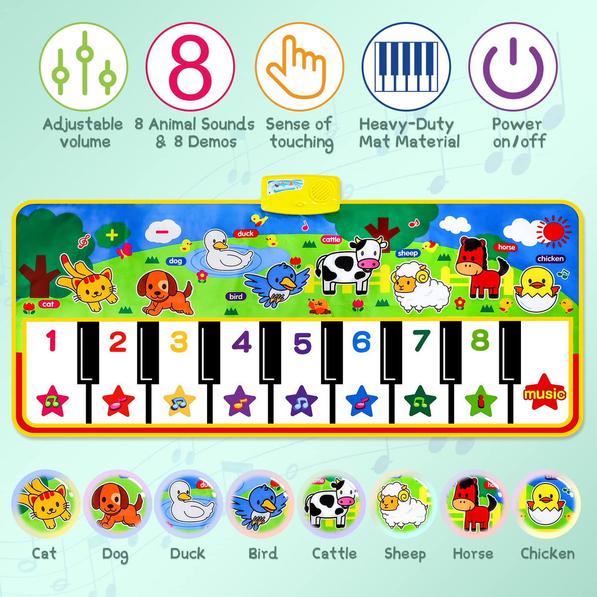 M SANMERSEN Piano Mat animal graphics close-up with bright colors.