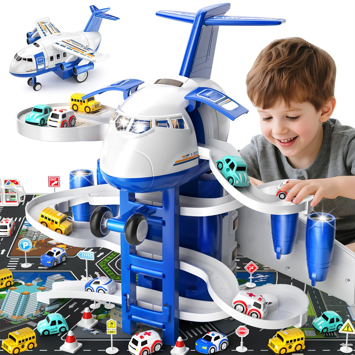 MSKOLER airplane toy garage with 8 vehicles fuels imaginative airport play