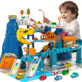 MSKOLER dinosaur race track front view for toddlers with bright racing action
