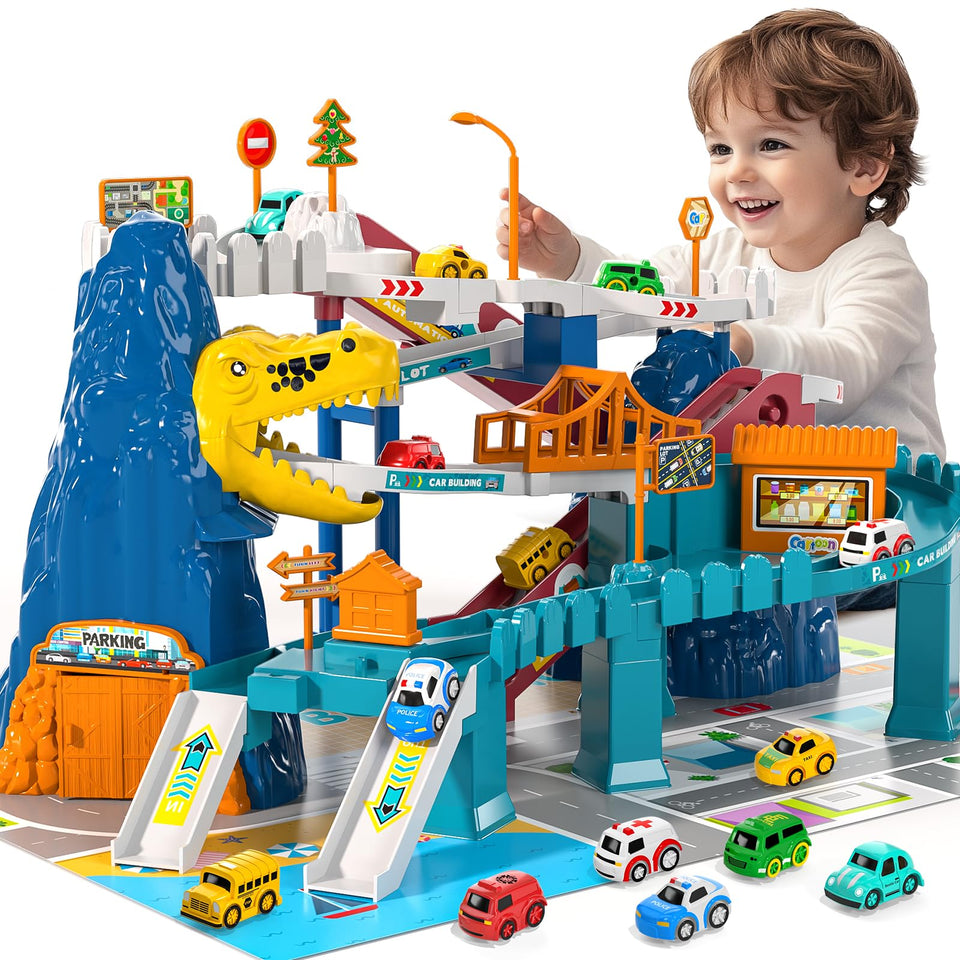 MSKOLER dinosaur race track front view for toddlers with bright racing action