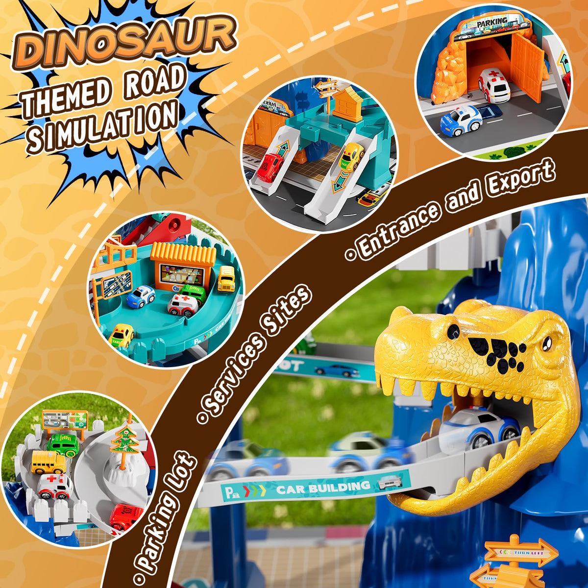 MSKOLER ramps and turns on dinosaur race track for dynamic play