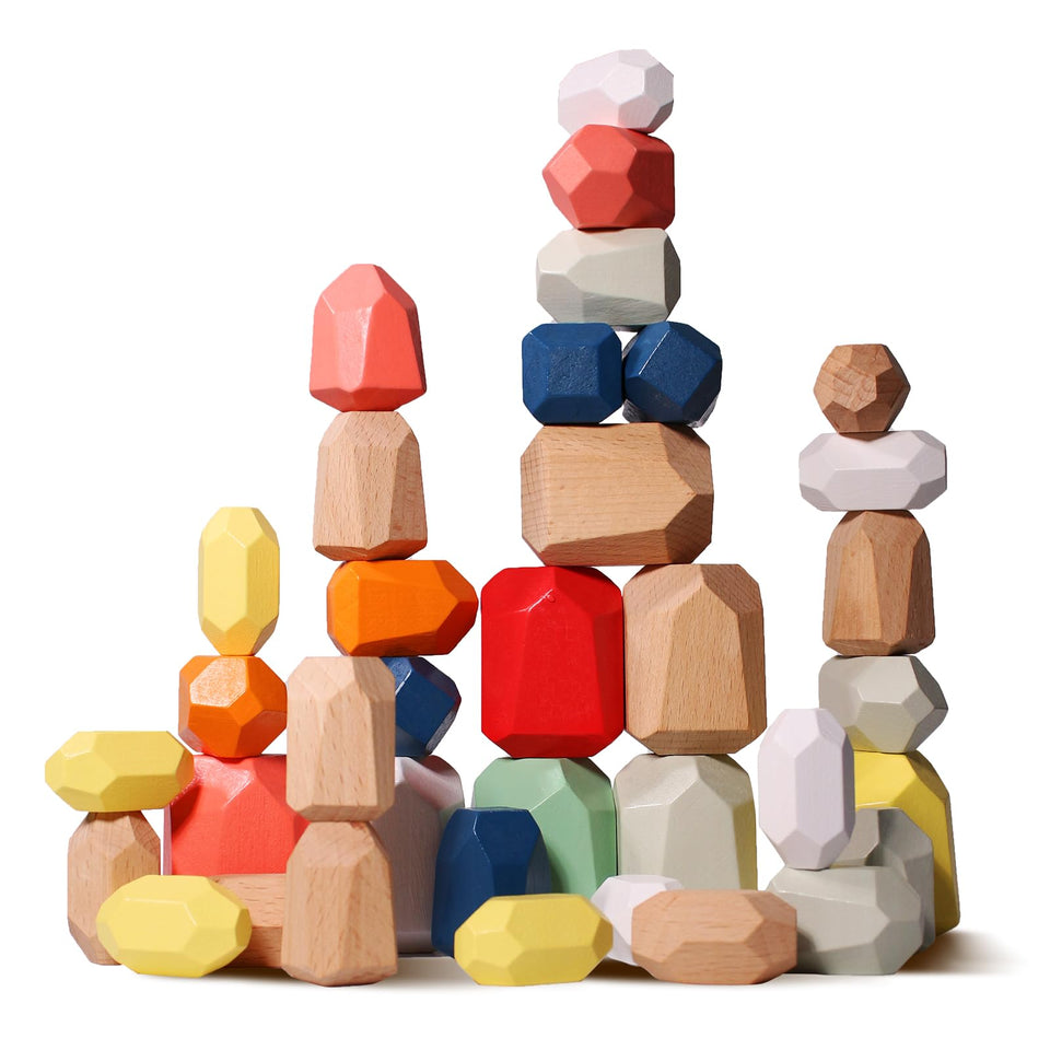 MTTIERY 36-piece wooden stacking stones for kids enhances fine motor skills through stacking and balancing.