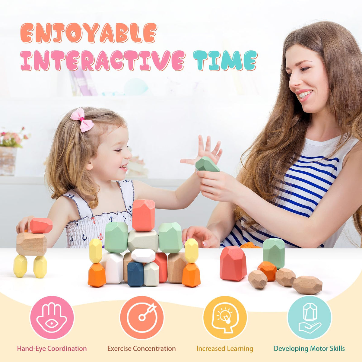 MTTIERY natural wood stacking stones offering sensory exploration with smooth edges.