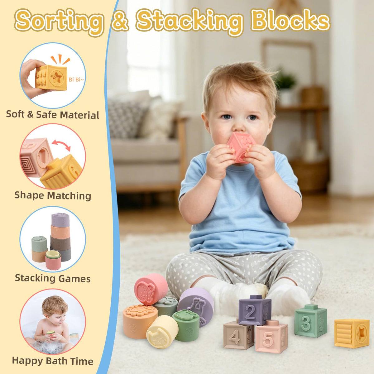 MTTIERY stacking blocks encourage grasping and color recognition.