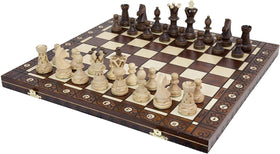 Muba handmade European wooden chess set on a 21-inch board, ideal for display and playing