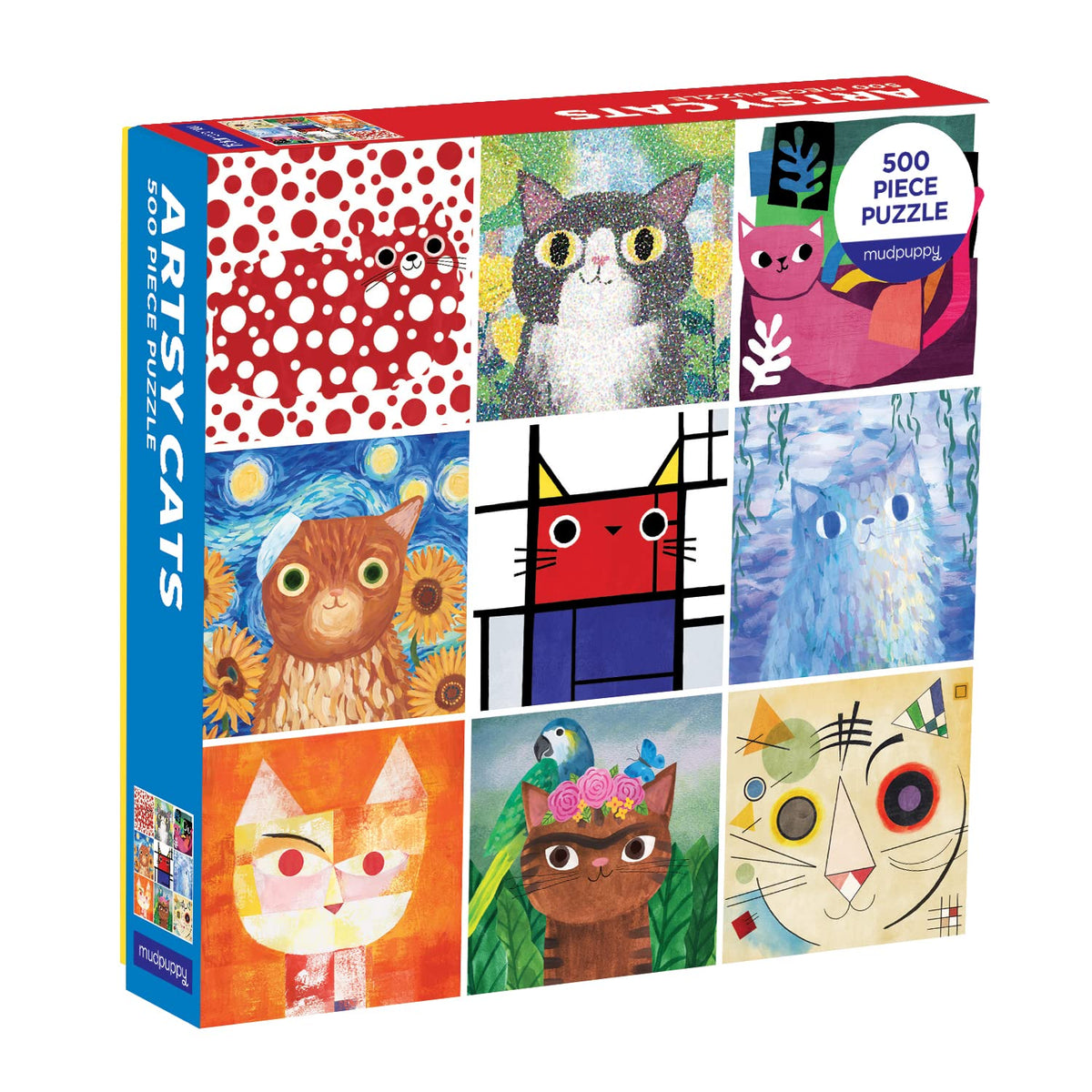 Mudpuppy Artsy Cats 500-piece puzzle features vibrant cat portraits for family puzzle time.