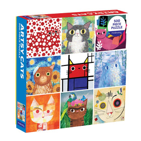 Mudpuppy Artsy Cats 500-piece puzzle features vibrant cat portraits for family puzzle time.