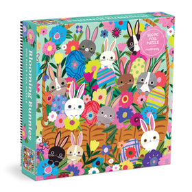 Mudpuppy Blooming Bunnies puzzle cover featuring bunnies and flowers for family bonding.