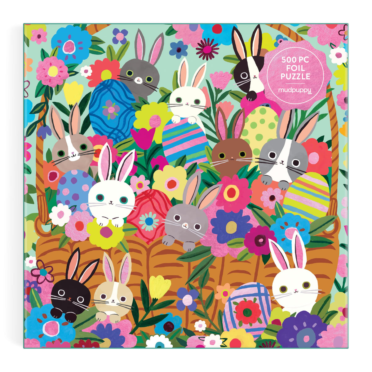Mudpuppy Blooming Bunnies puzzle detail with foil accents that catch light.
