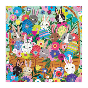 Mudpuppy Blooming Bunnies scene with pastel eggs, perfect Easter family activity.