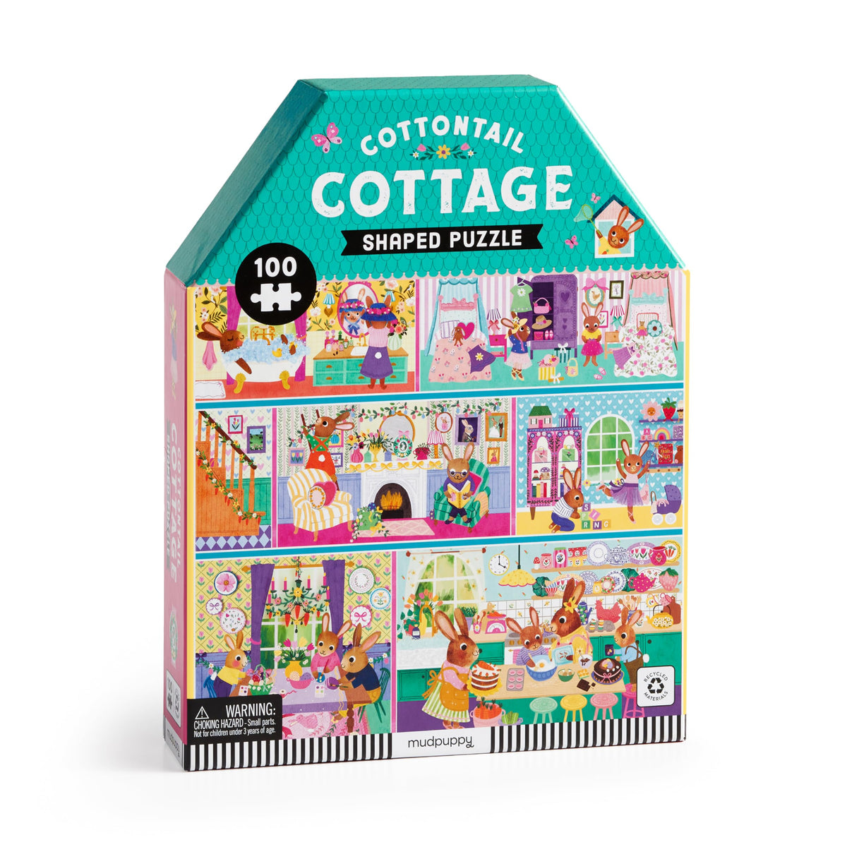 Mudpuppy Cottontail Cottage puzzle assembly with 100 pieces supports focus and problem-solving.