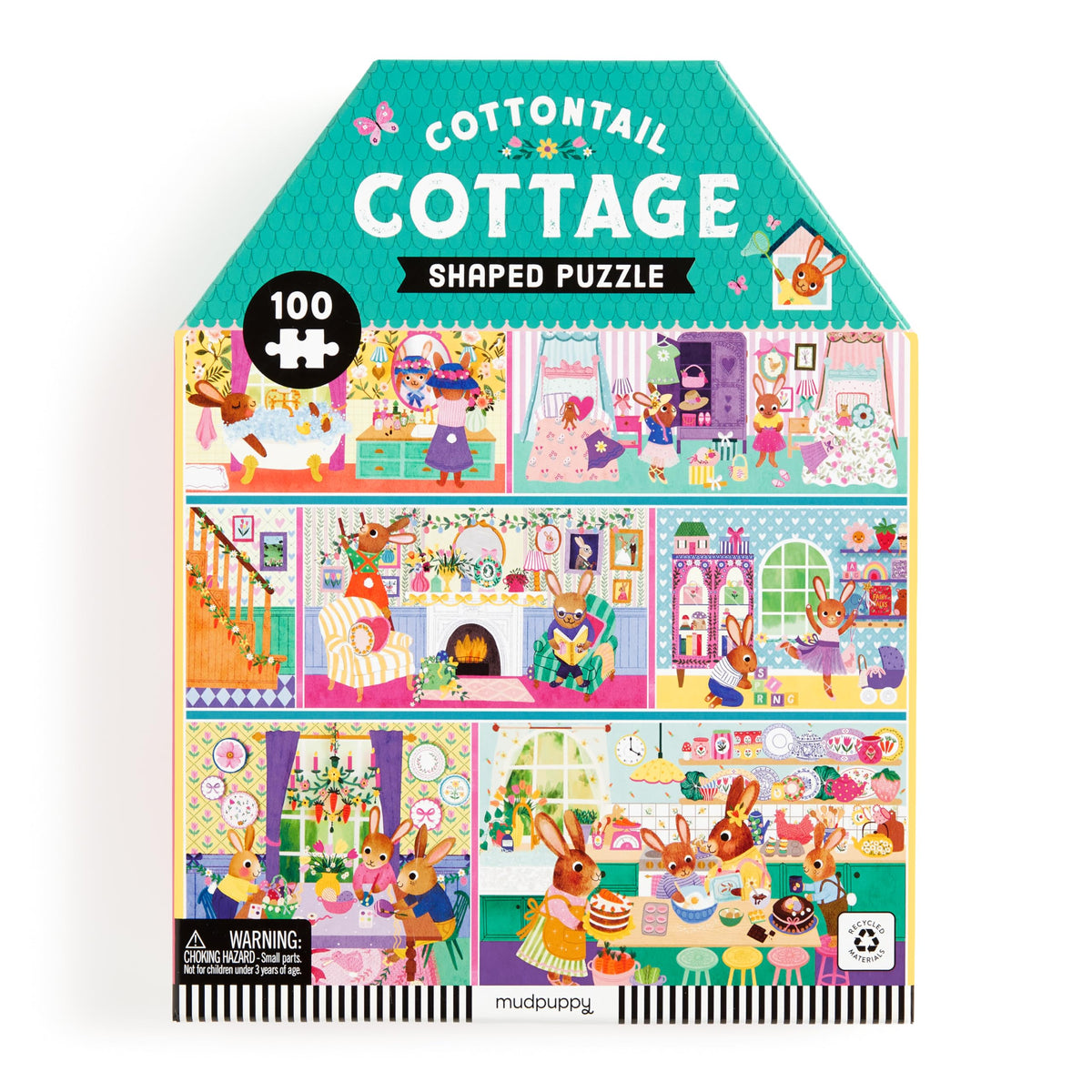 Mudpuppy Cottontail Cottage bunny-family scene invites calm, focused Easter puzzle play.