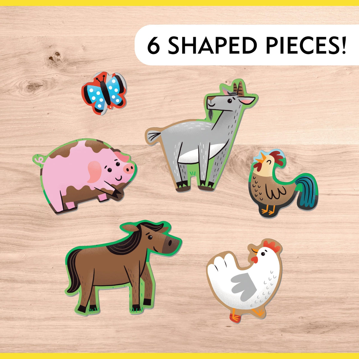 Mudpuppy Farm Friends artwork features cows, pigs, chickens; sparks curiosity.